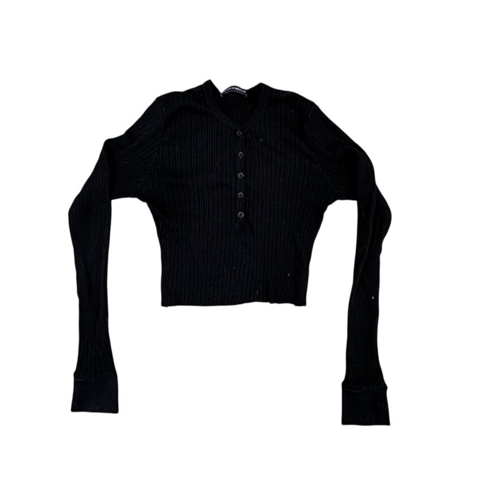 Brandy Melville Black Ribbed Henley Long Sleeve Crop Top Picot Trim One Size